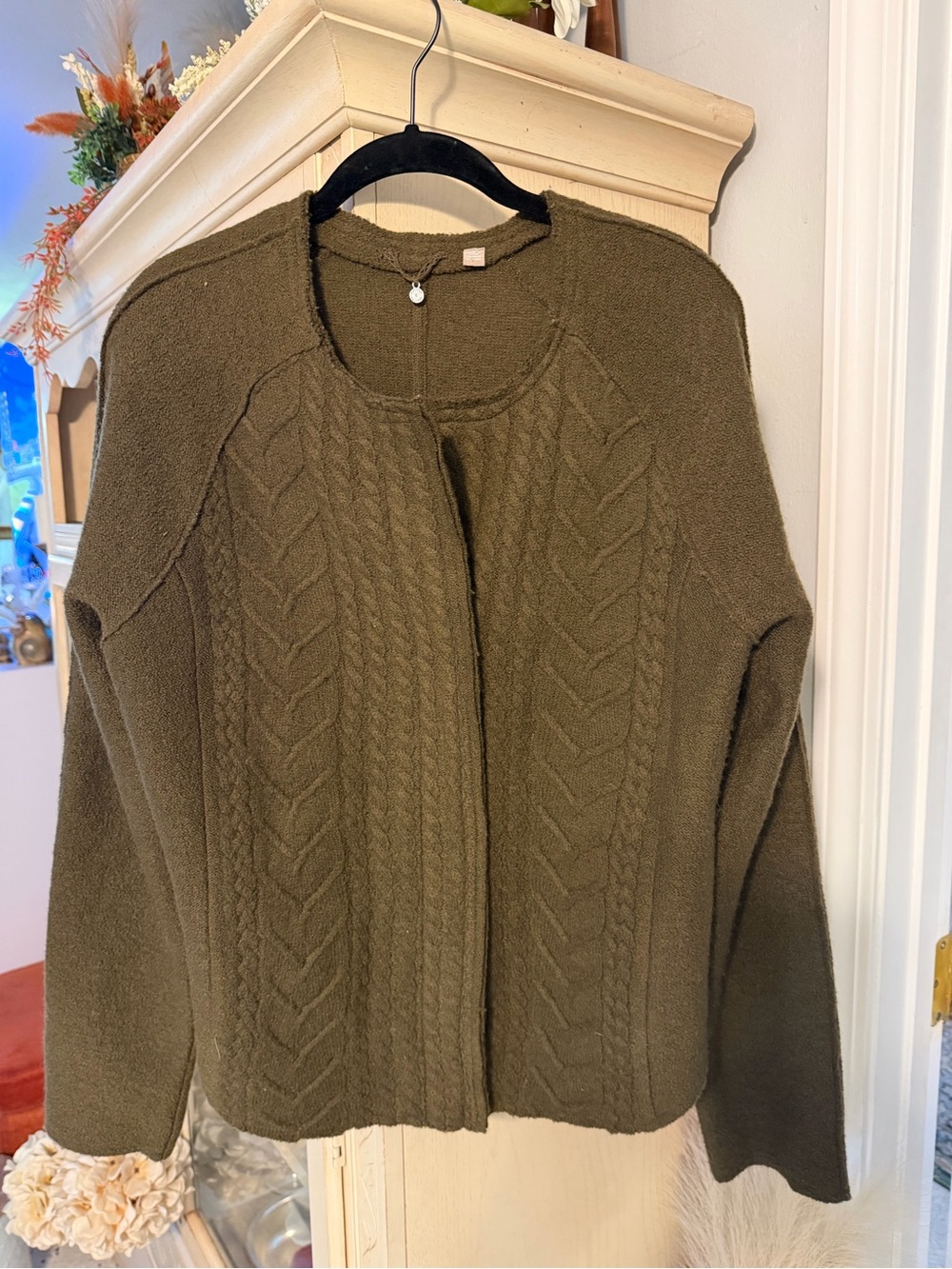 Olive Green Cable Knit Women's Sweater Jacket